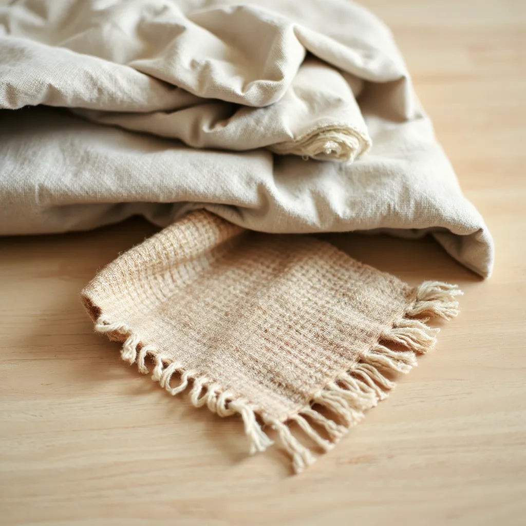Folded linen, woven cotton, and textured wool fabrics with visible yarn and weave patterns in warm light