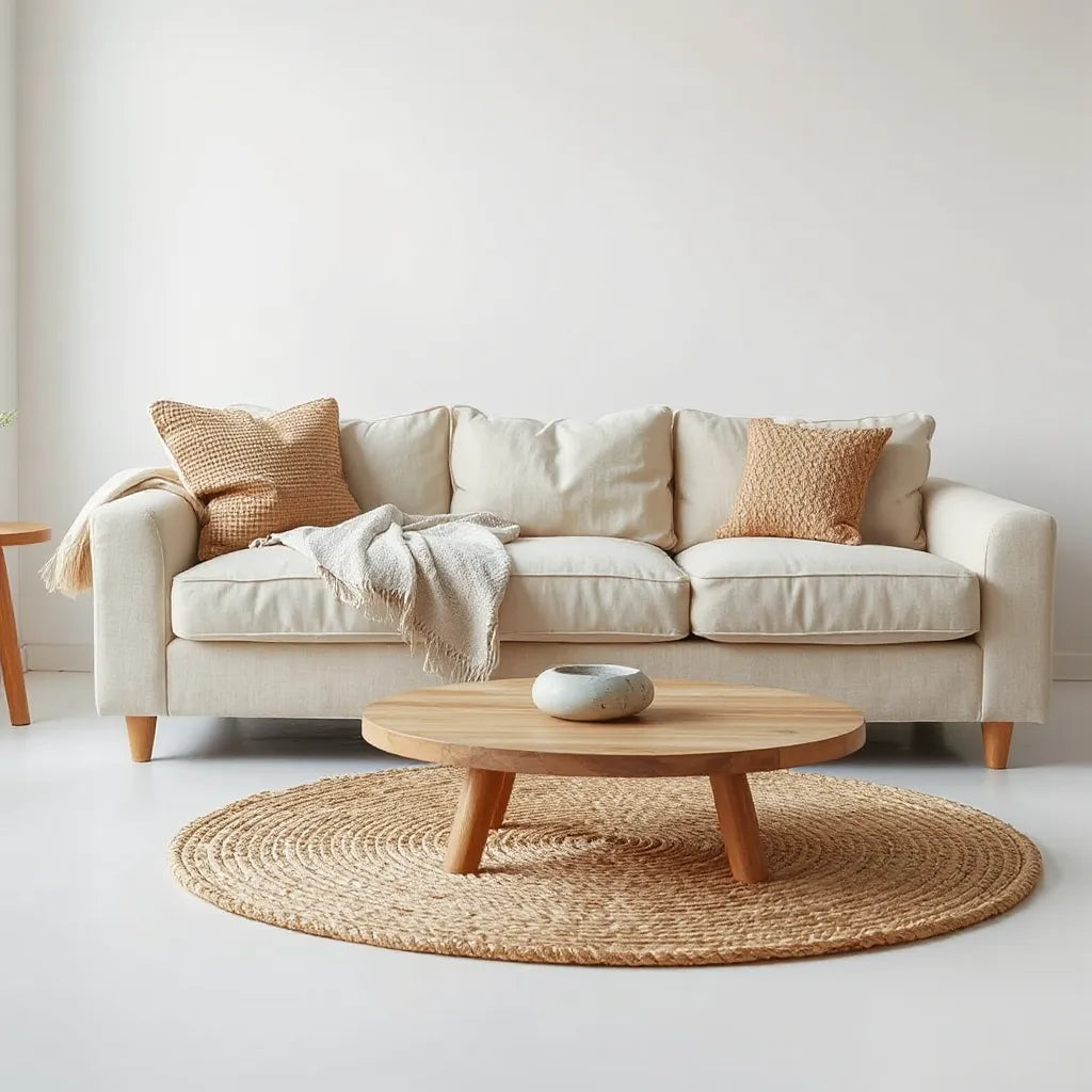 Neutral living room with woven fabric throw, jute rug, and natural wood table highlighting organic textures