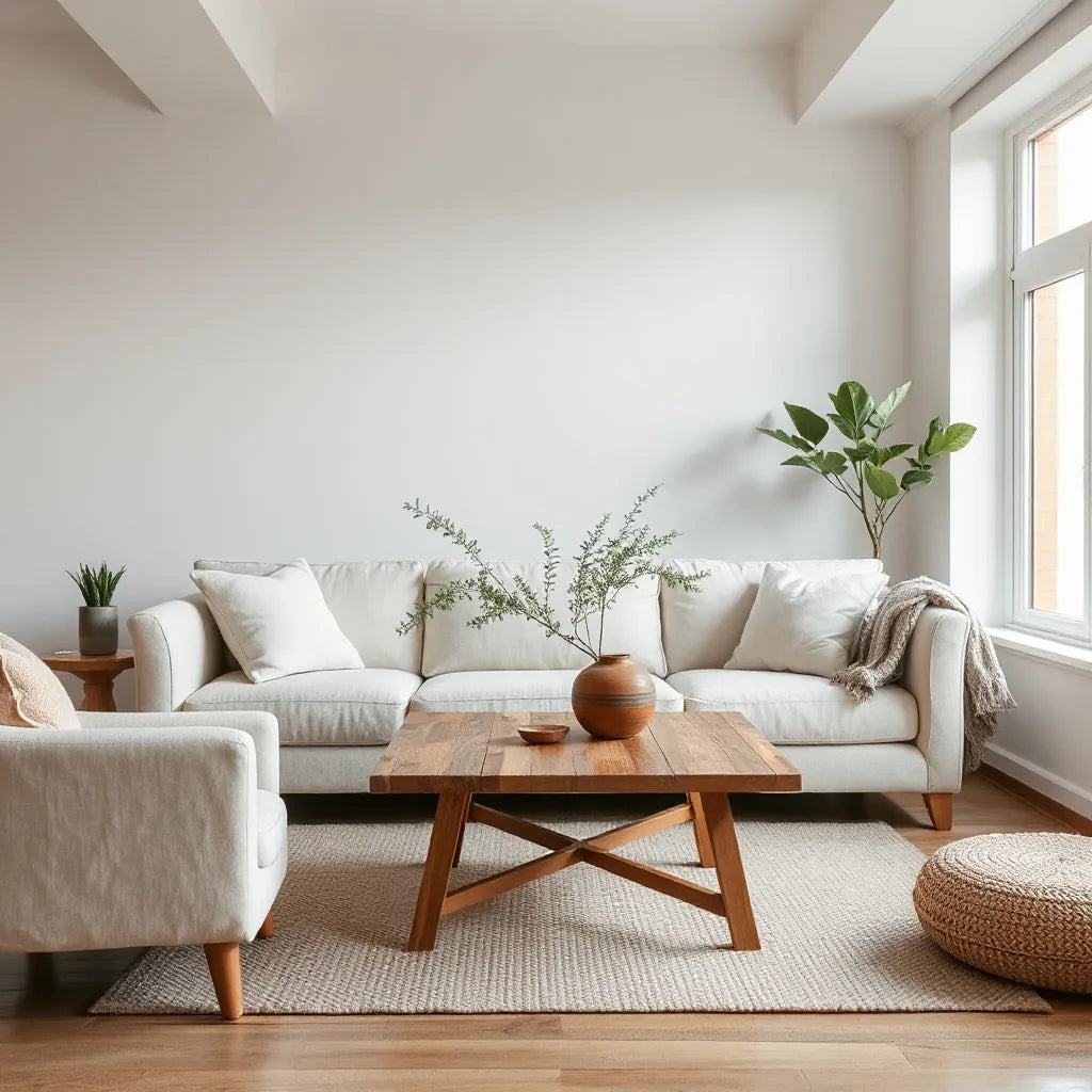 Bright living room featuring a linen sofa, reclaimed wood coffee table, natural textiles, and a potted plant