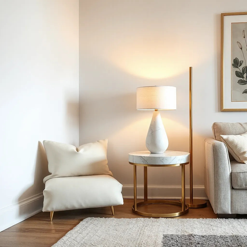 Elegant living room corner with velvet accents, brass lamp, sculptural vase, and a neutral rug.