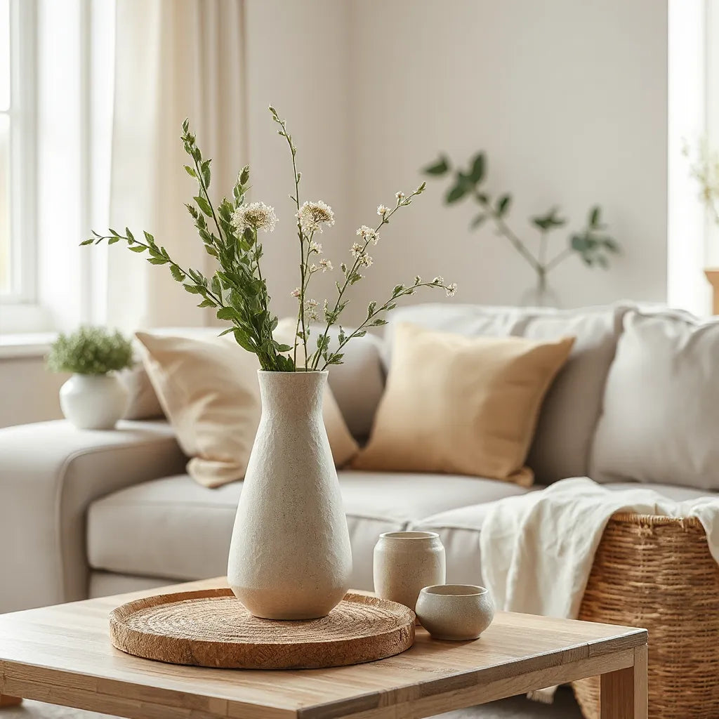 Tall vase with fresh green botanical stems and soft flowers on a light oak table in a bright neutral room