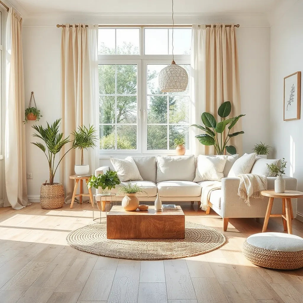 Sunlit living room with light wood, linen textiles, and indoor plants creating a calm natural living space