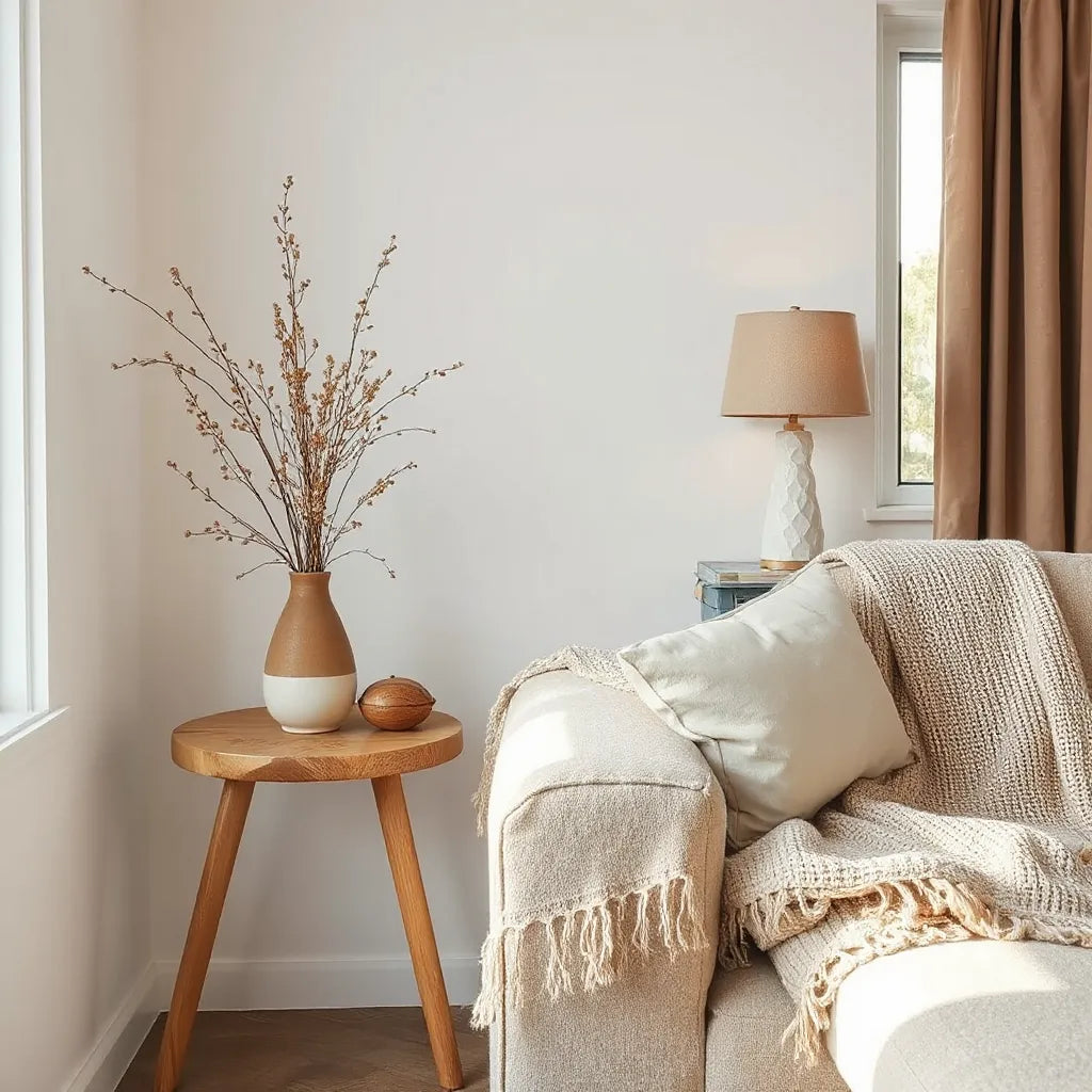 Cozy living room corner with handmade ceramics, woven textiles, and natural wood textures