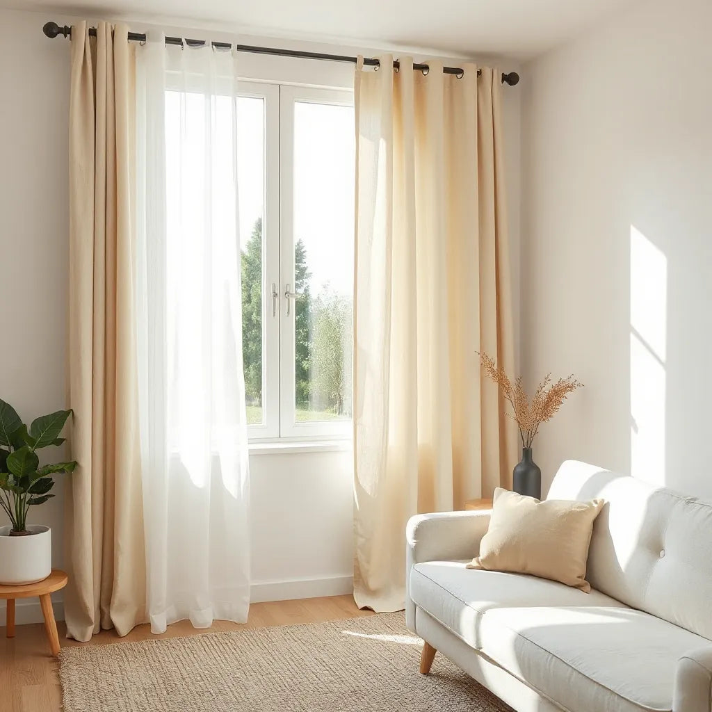 Neutral linen curtains hanging in soft daylight over a simple living room window