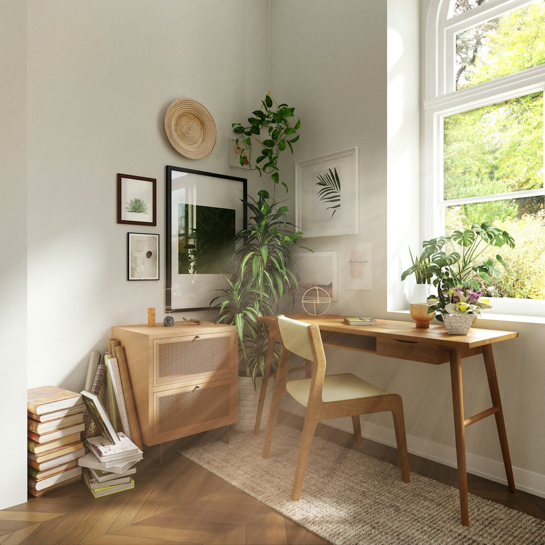 A wooden desk and chair in a sunlit home office corner with plants