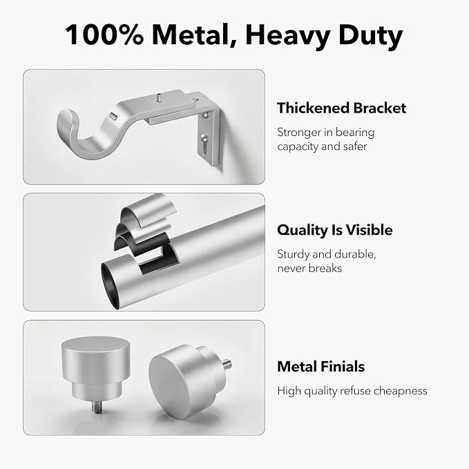 IFELS Heavy Duty Curtain Rods for Windows 66 to 120 Inch, 1 Inch Silver Window - Image 3