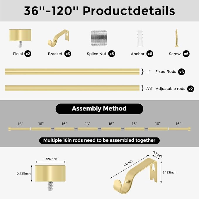 VOIIY Gold Curtain Rods for Windows 66 to 120 Inch, Size:36-120 Inch - Image 8
