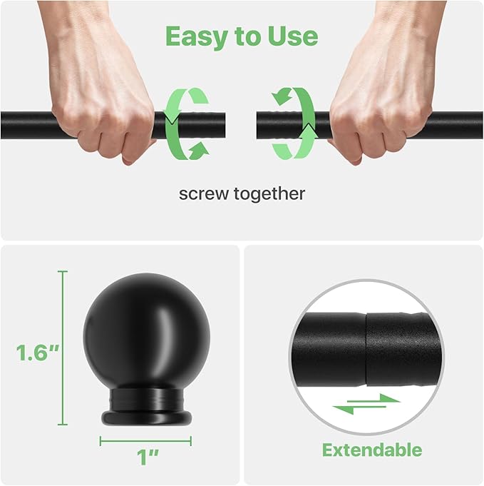 Black Curtain Rods for Windows 28 to 60 inch, Adjustable Curtain Rod Set - Image 5