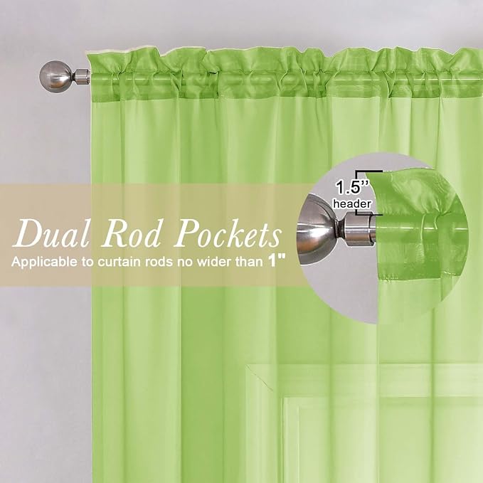 Lecloud Lime Sheer Curtains 63 Inch Length 2 Pcs, Lightweight Solid Transparent - Image 5