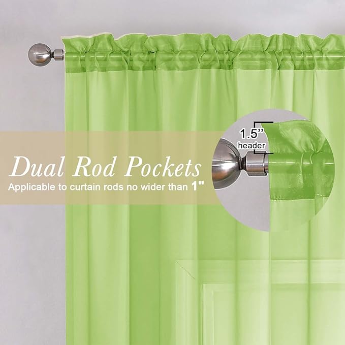 Lecloud Lime Sheer Curtains 72 Inches Long 2 Panels, Solid Voile Light - Image 5