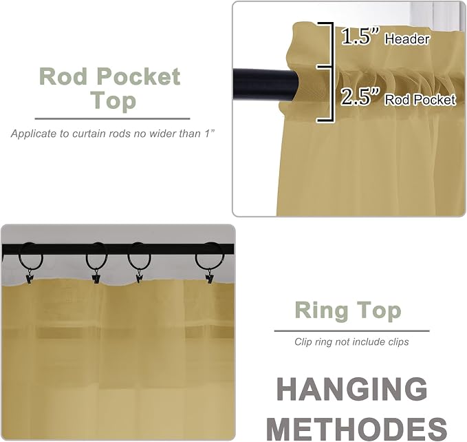 OWENIE Gold Sheer Curtain 90 Inches Long 2 Panels Set, Solid Filmy Drapes - Image 4