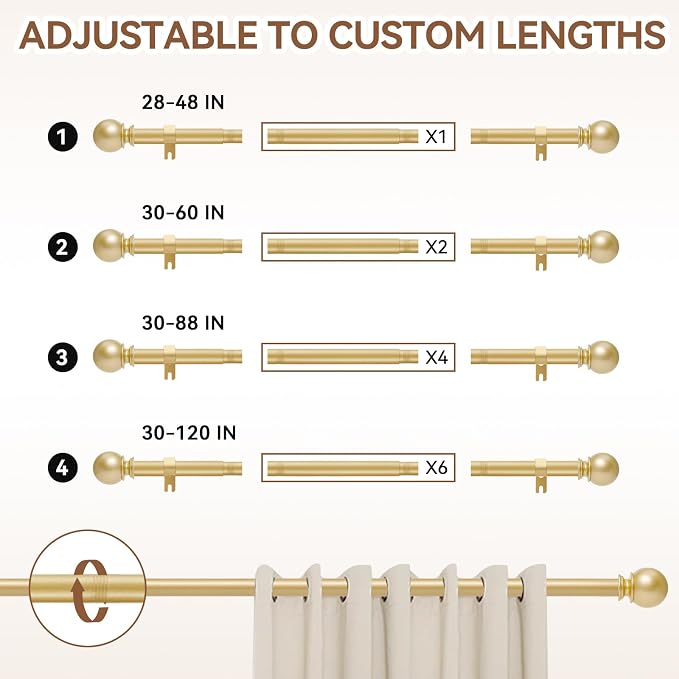 Gold Curtain Rod for Windows 28 to 48 Inch, 5/8 Inch Diameter Heavy Duty - Image 5