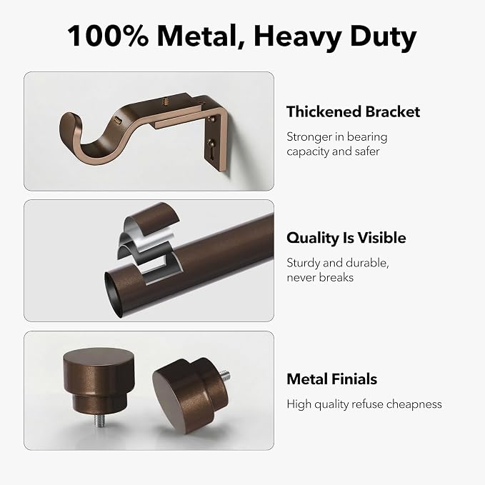 IFELS Heavy Duty Curtain Rods for Windows 72 to 144 Inch, 1 Inch Bronze Window - Image 3