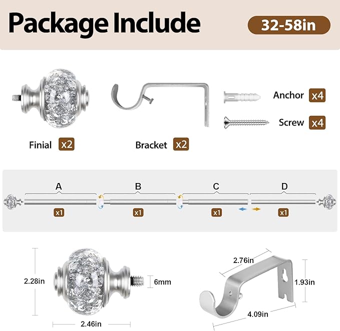 Curtain Rod 32 to 58 Inches, USFOOK 7/8 inch Telescoping Splicing Curtain rods - Image 8