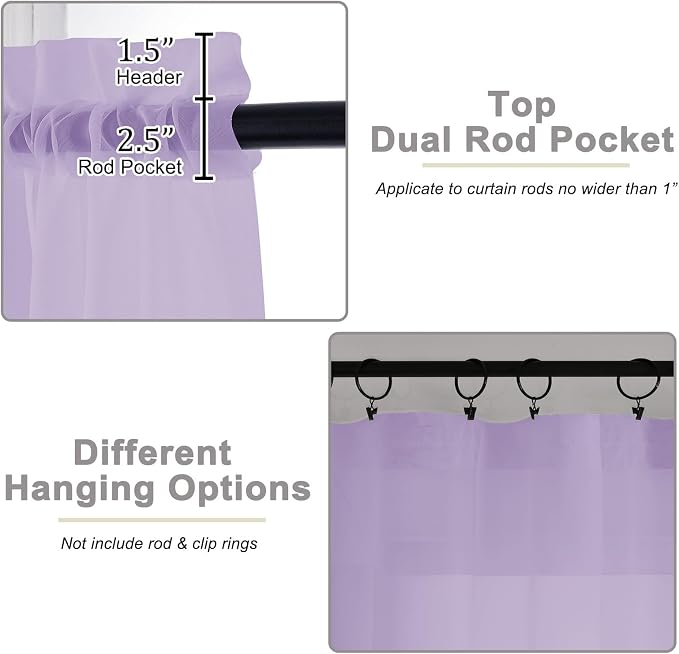 Sheer Lavender Curtains for Bedroom Living Room 90 Inches Long 2 Panels Set - Image 4
