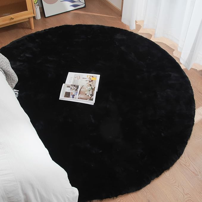 ORINOVA Black Round Area Rug 5ft Washable Faux Fluffy Fur Rug - Image 4