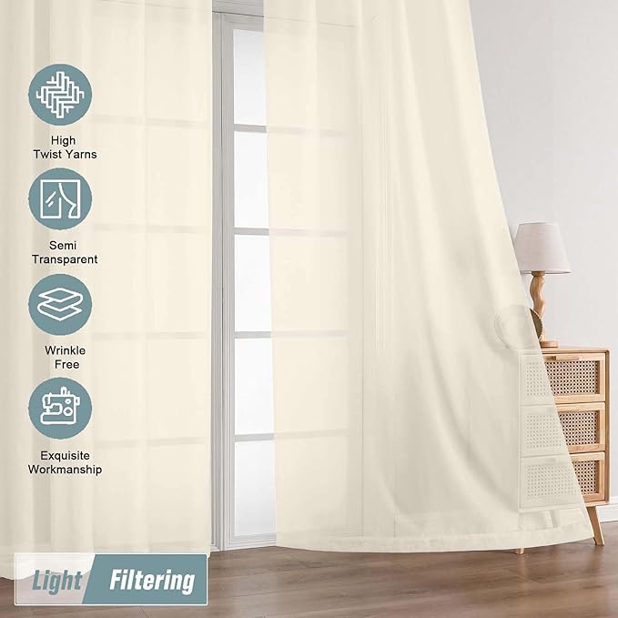 Cream Sheer Curtains 120 Inches Long 2 Panels, Extra Long Light Filtering - Image 5