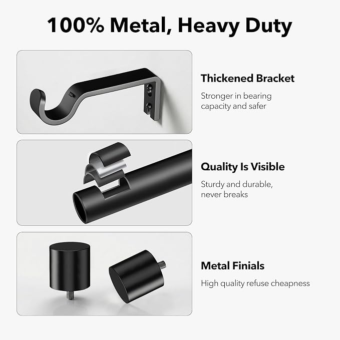 IFELS Heavy Duty Curtain Rods for Windows 66 to 120 Inch, 1 Inch Black Curtain - Image 4