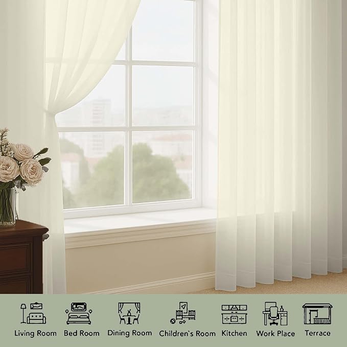 OWENIE Cream Sheer Curtains 72 Inches Long 2 Panels Set, Transparent Voile - Image 3