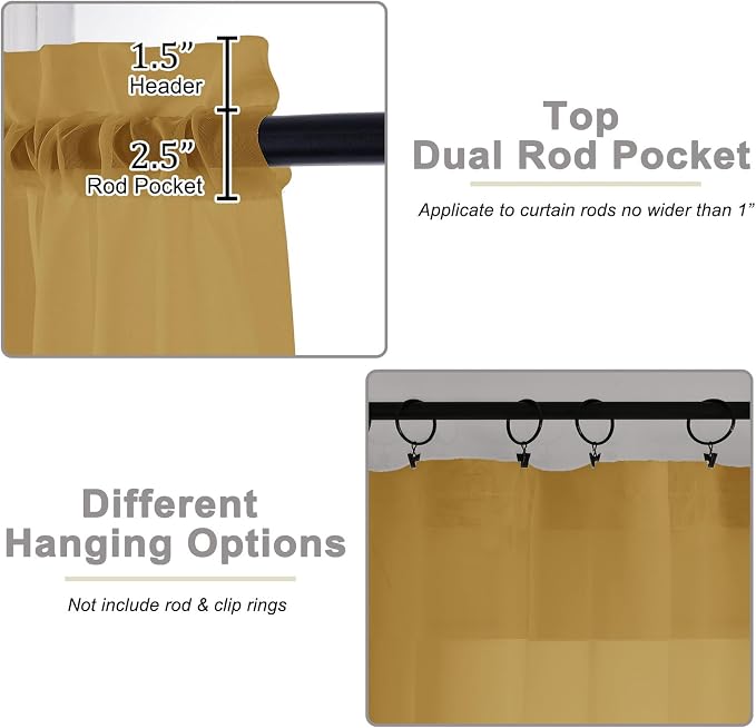 Gold Sheer Curtains for Bedroom Living Room 45 Inch Length 2 Panels, Soft Airy - Image 4