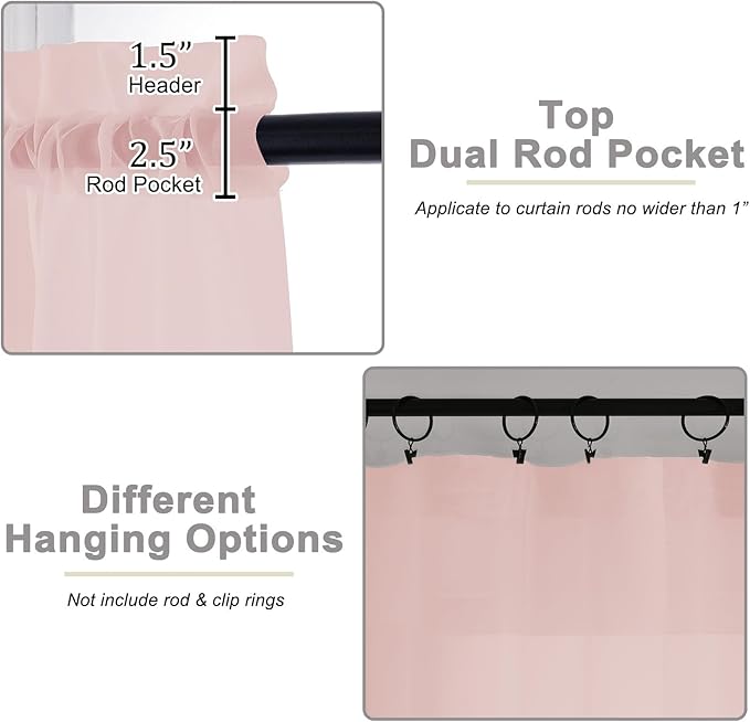Kitchen Curtains 24 Inch Length Tier 2 Pieces, Blush Sheer Curtain Solid Soft - Image 4