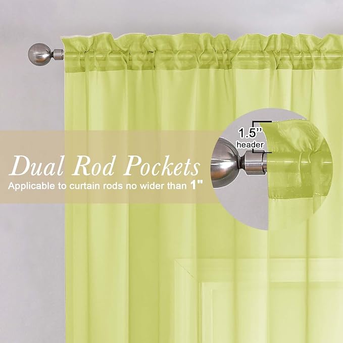 Lecloud Lemon Sheer Curtains 96 Inches Long 2 Panels, Solid Voile Dual Rod - Image 5