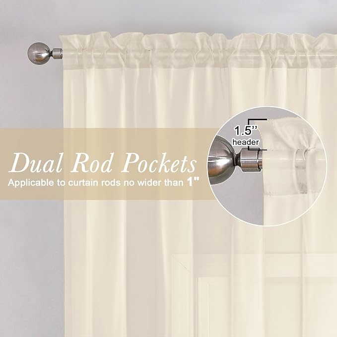Lecloud Cream Sheer Curtains 63 Inch Length 2 Panels Set, Elegant Voile Window - Image 2