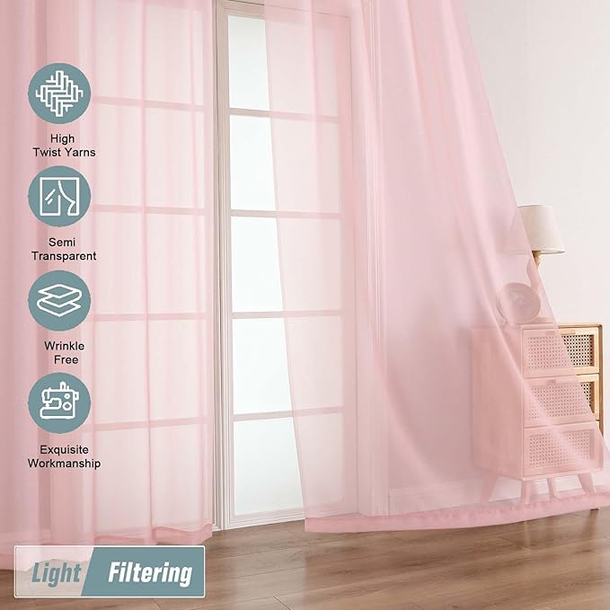 Blush Pink Sheer Curtains 90 Inches Long 2 Panels, Light Filtering Solid Sheer - Image 5
