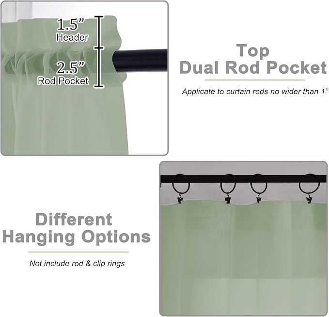 Sage Green Kitchen Curtains 30 Inch Length Tier 2 PCS, Solid Soft Half Curtains - Image 4
