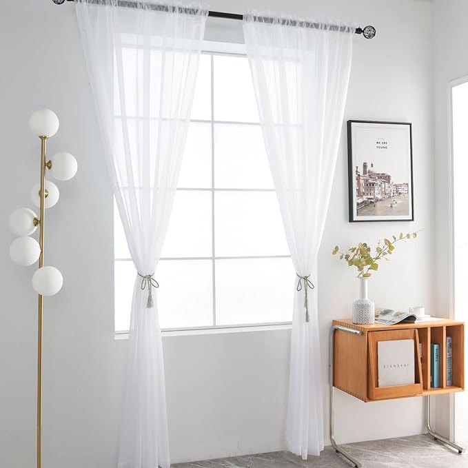SpaceDresser Basic Rod Pocket Sheer Voile Window Curtain Liners White 2 Panels - Image 2