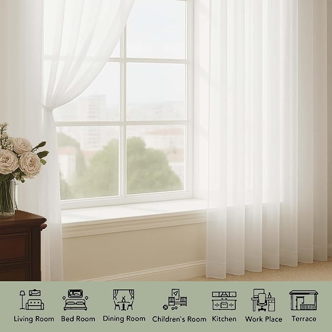 OWENIE Sheer Curtains 84 Inches Long 2 Panels Set, Ivory Sheer Curtain - Image 4