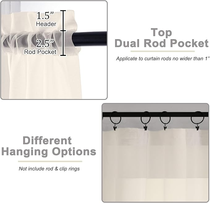 Cream Sheer Curtain for Bedroom Living Room 72 Inches Long 2 Panels Set - Image 4