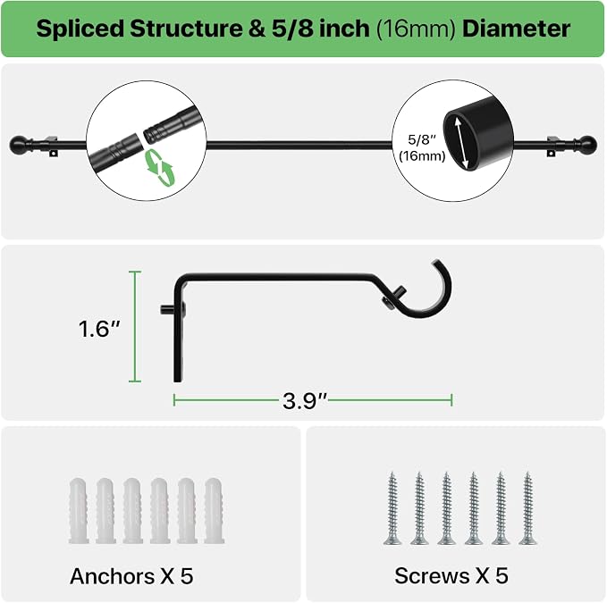 2 Pack Black Metal Curtain Rods, 28-60 inch, Heavy Duty, Adjustable, Wall - Image 3