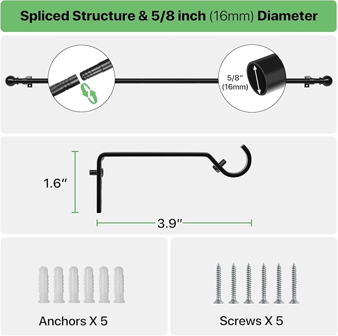Black Curtain Rods for Windows 48 to 84, Adjustable Curtain Rod Set - Image 3