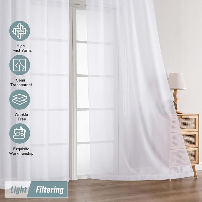White Sheer Curtains 90 Inches Long 2 Panels, Light Filtering Solid Sheer - Image 5