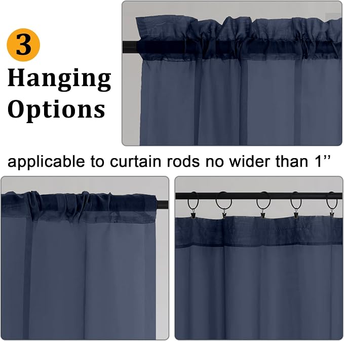 Gwine Navy Blue Sheer Curtain Tiers 24 Inch Length, Light Filtering Voile Short - Image 5