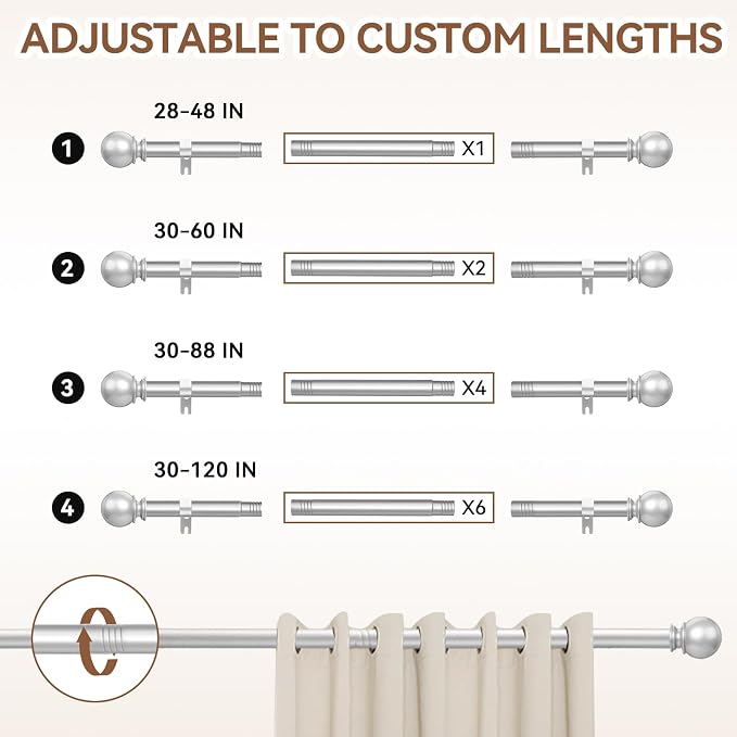 Silver Curtain Rod for Windows 28 to 48 Inch, 5/8 Inch Diameter Adjustable - Image 5