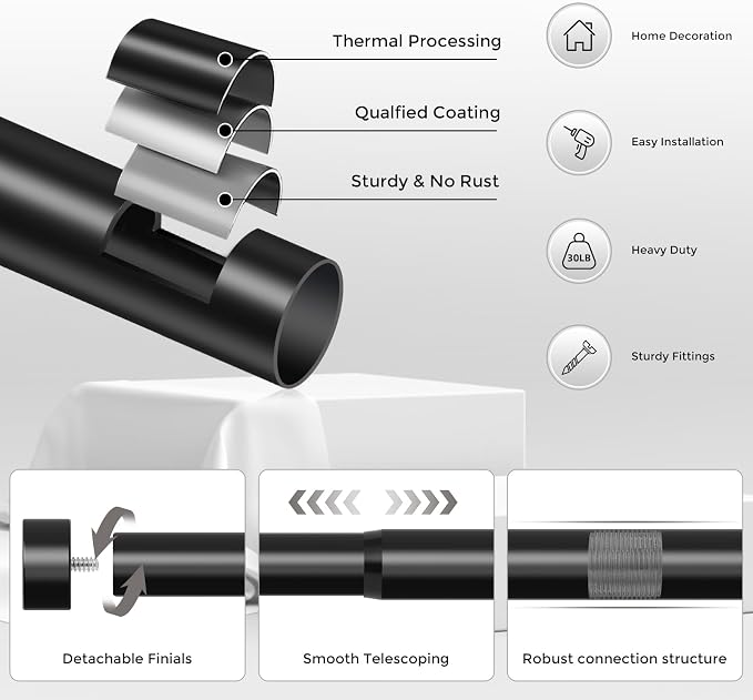 Black Curtain Rods for Windows 170 to 240 Inch, extra long drapery rod for - Image 7