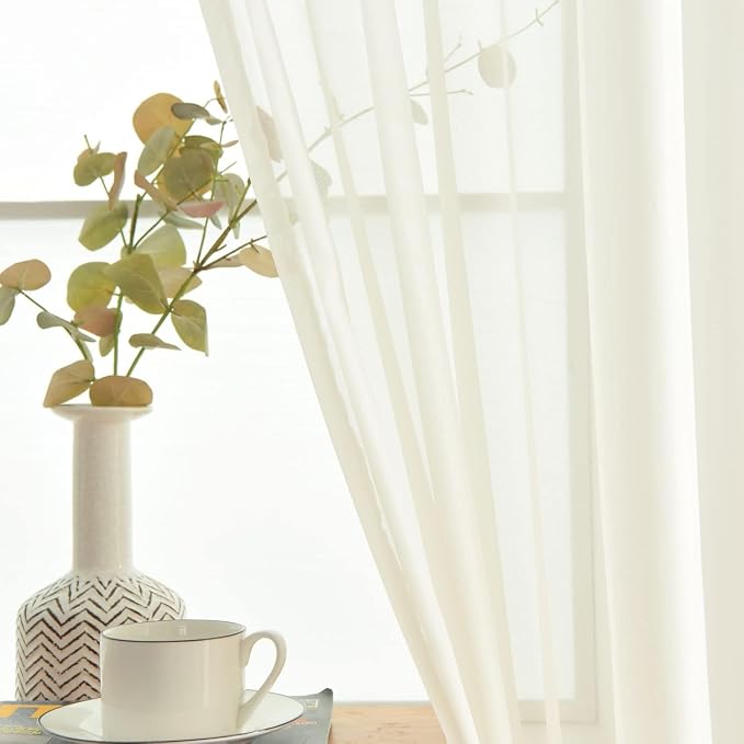 SpaceDresser Ivory Sheer Curtains 4 Panels Rod Pocket Semi-Sheer Curtain 96 - Image 4