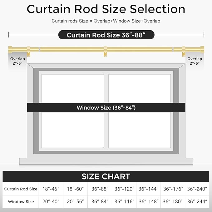 VOIIY Gold Curtain Rods for Windows, Size:36-88 Inch - Image 5