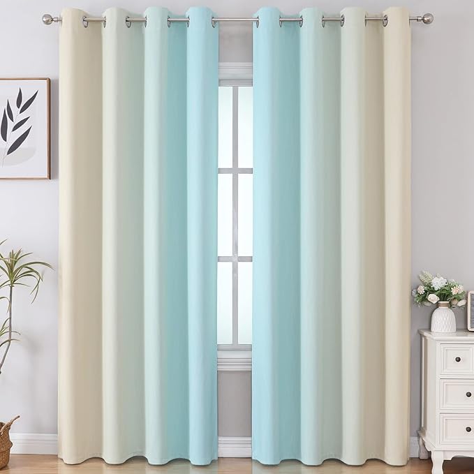 Estelar Textiler Ombre Aqua and Beige Blackout Curtains 96 Inches Long - Image 2