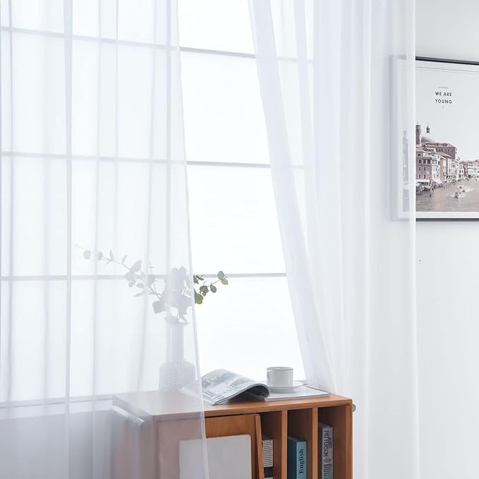 SpaceDresser Sheer White Curtains 4 Panels Rod Pocket Semi-Sheer Curtain 72 - Image 4