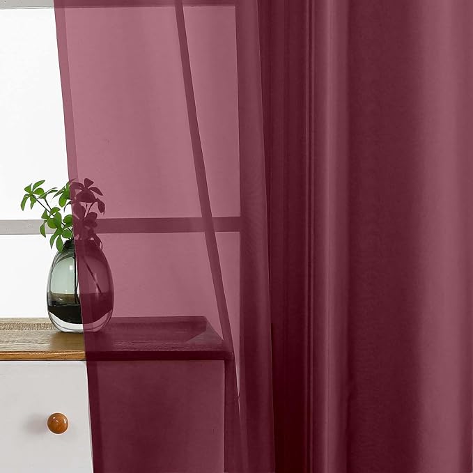 Burgundy Window Sheer Curtains 45 Inches Length, Voile Short Curtains - Image 5