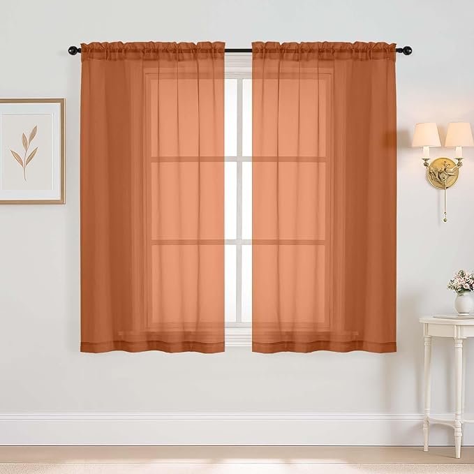 Orange Window Sheer Curtains 45 Inches Length, Voile Short Curtains by Home