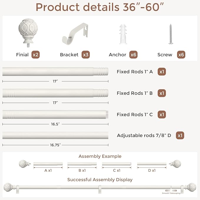 Antique White Curtain Rods for Windows 30 to 56 Inch, Adjustable Vintage - Image 5