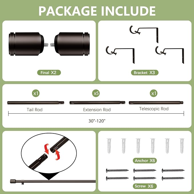 5/8” Diameter Curtain Rods 30-120 Inch, - Image 3