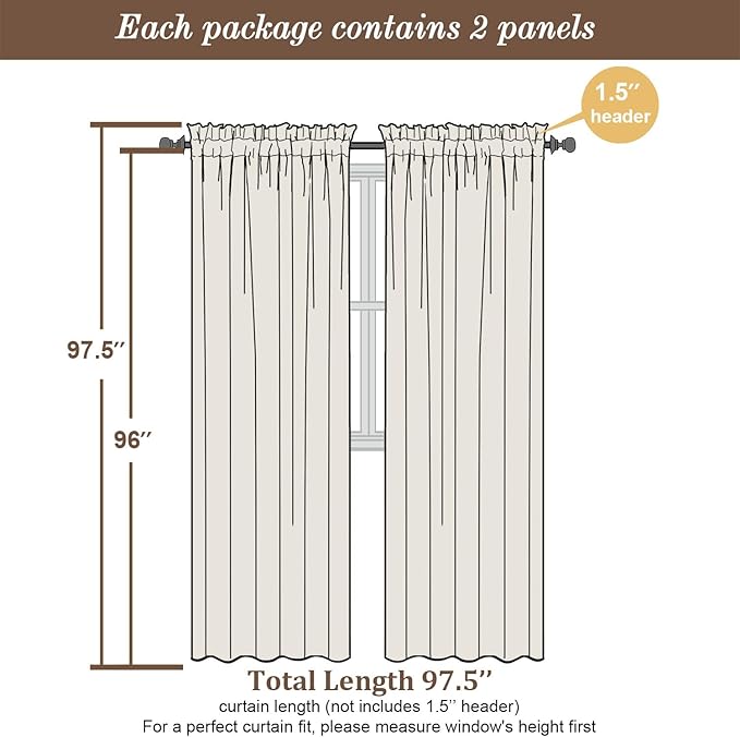 Chyhomenyc Cream Sheer Curtains 96 Inches Long 2 Panels, Light Filtering Cream - Image 3