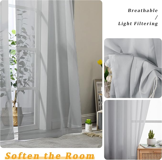 Gwine Light Grey Sheer Curtains 90 Inches Long 2 Panels Set, Light Filtering - Image 3
