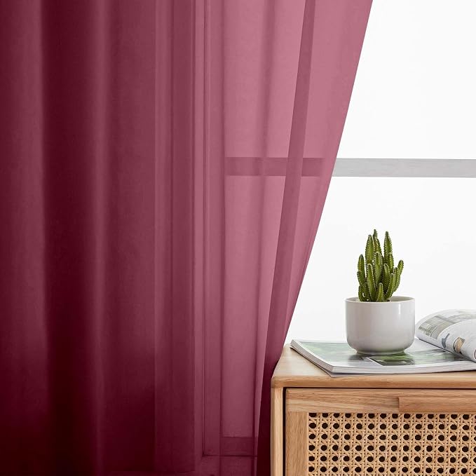 Burgundy Kitchen Curtains 30 Inch Length Tier 2 PCS, Solid Soft Airy Half - Image 7
