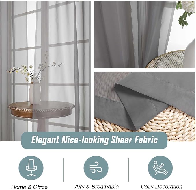 Grey Sheer Curtains for Window 72 inches Long 2 Panels Set, Soft Airy Modern - Image 4